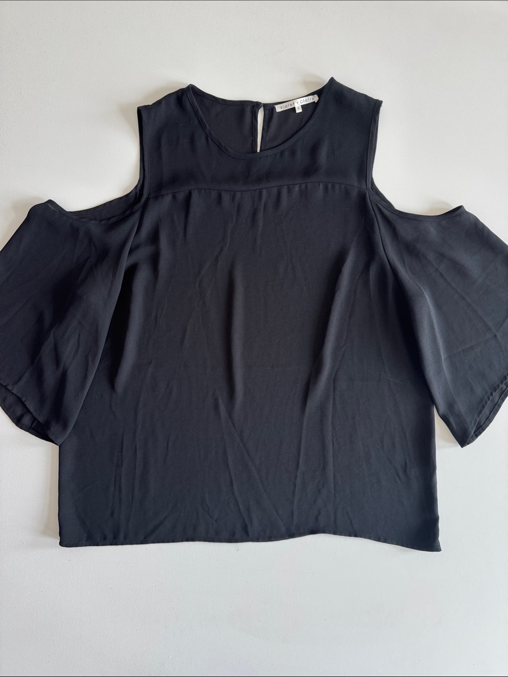 Violet & Claire Black Cold-Shoulder Blouse with Flowing Sleeves